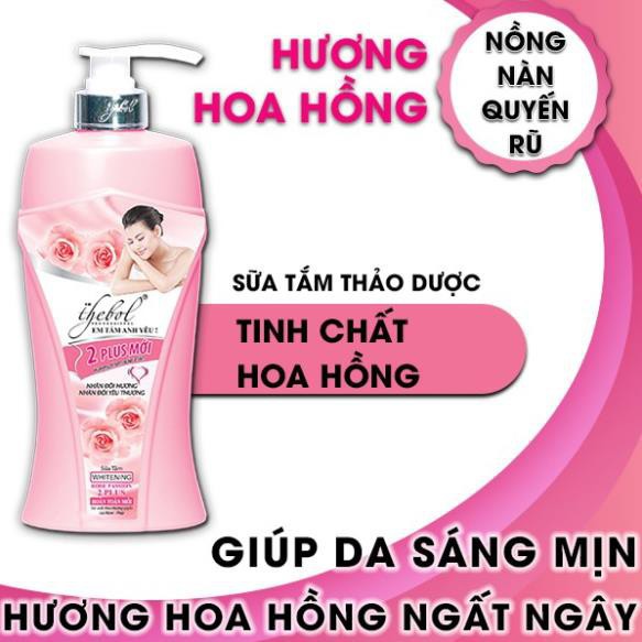 Sữa tắm nước hoa tinh chất thảo dược hoa hồng dưỡng ẩm trắng da Thebol 650g + Sữa tắm kem trắng hạt massage 226g