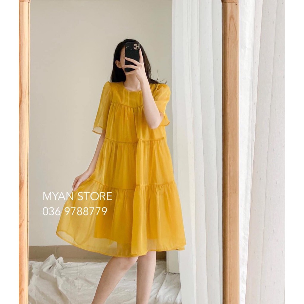 Váy bầu thiết kế dự tiệc cao cấp  FREESHIP  đầm bầu dự tiệc cao cấp organza vàng 3 size