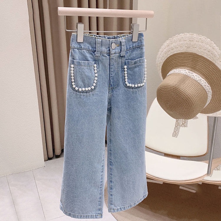 Quần Jeans Ống Rộng Đính Hạt Có Túi Thời Trang Cho Bé 3-8 Tuổi