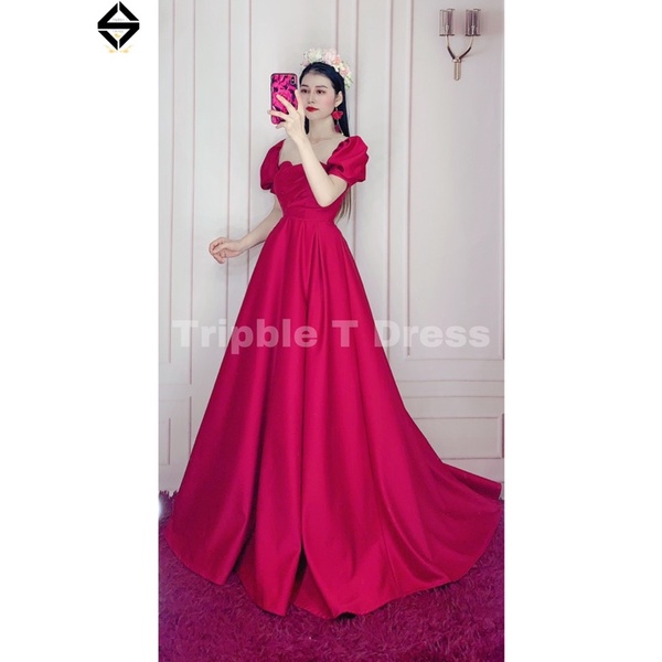 Đầm maxi xoè mặc cưới xếp ly ngực 3 tia tay ngắn phồng cổ tròn phối lưới nude TRIPBLE T DRESS - size S/M/L - MS179Y