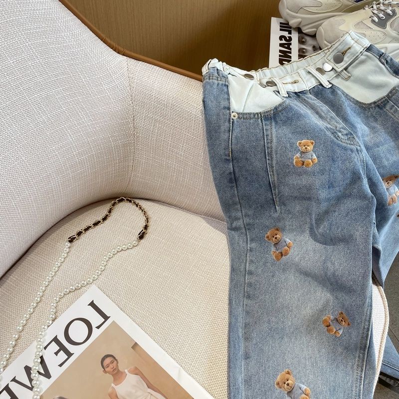 Quần Jeans Ống Rộng Lưng Cao In Hình Gấu Hoạt Hình