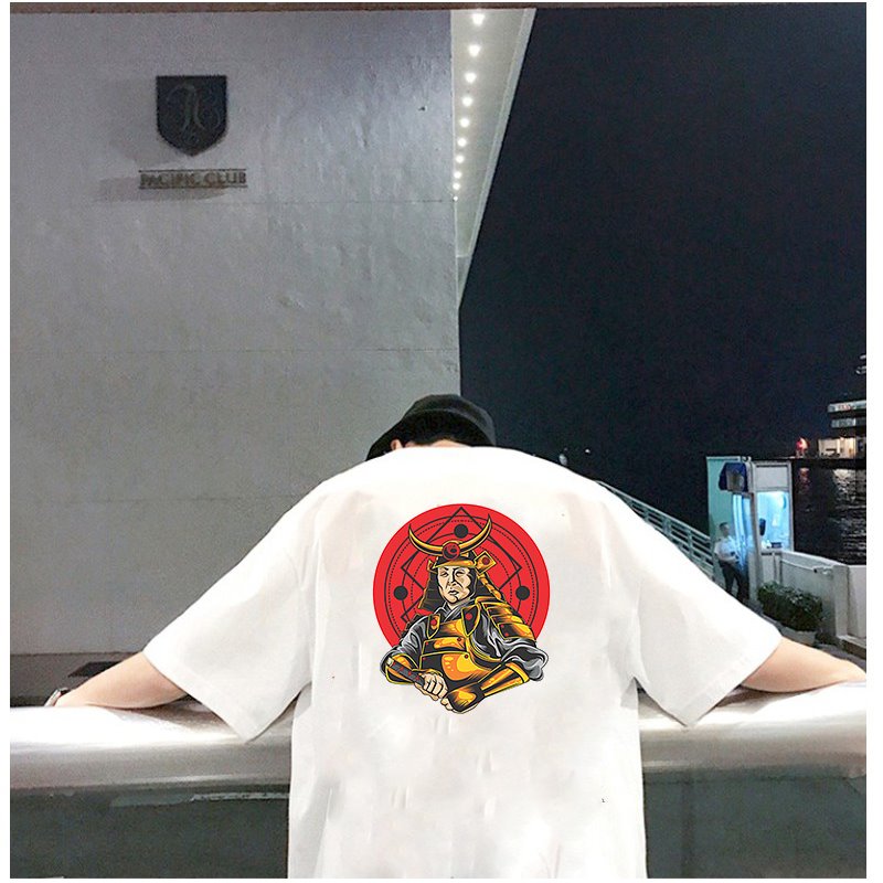 Áo phông unisex tay lỡ form rộng nam nữ họa tiết samurai vải dày mịn 2021T3174