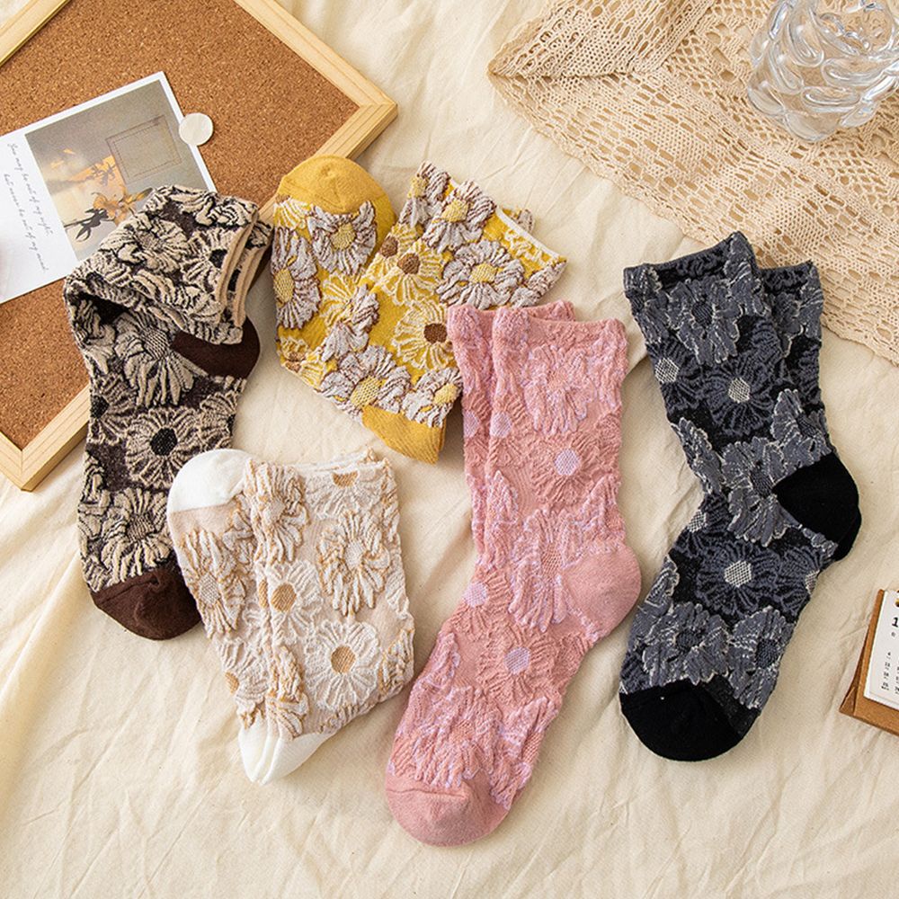 Vớ cotton cổ trung ba chiều màu trơn hình hoa hướng dương thời trang Hàn Quốc cổ điển cho nữ