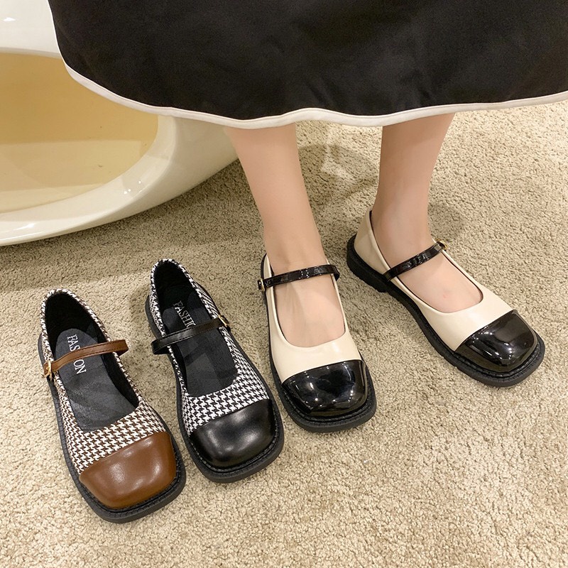 Giày búp bê nữ da mềm phối quai cài trơn kiểu vá mũi cực xinh