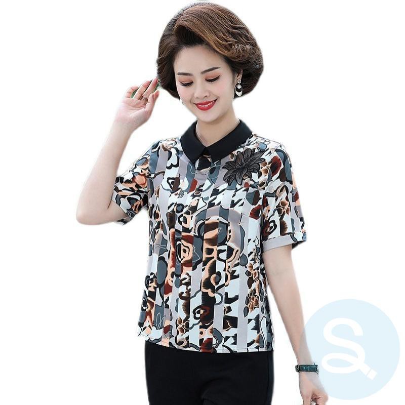 ▫> 50-year-old middle-aged women s summer dress new western floral small shirt, mother dress, loose short-sleeved T-shirt, doll collar shirt<