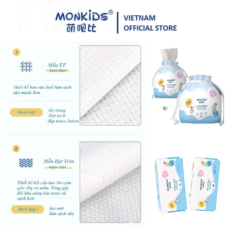 Khăn mặt Monkids, bông tẩy trang cotton tinh khiết, mềm mịn, làm sạch lớp trang điểm chống nước.