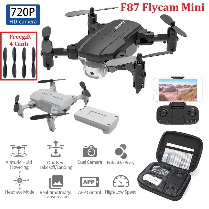 Flycam F87 Drone 4K FHD WiFi FPV, Máy Bay Flycam Mini Giá Rẻ Điều Khiển Từ Xa 2 Camera Chụp Ảnh Trên