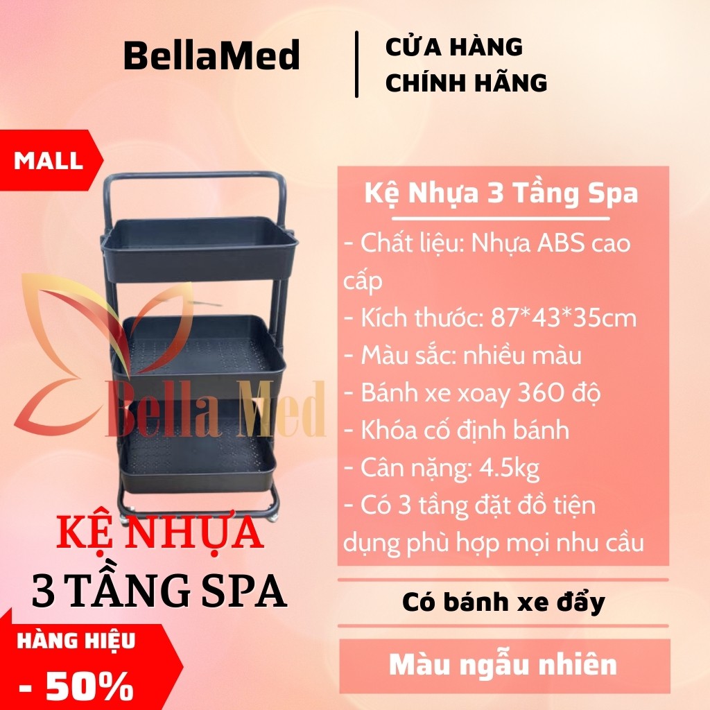 kệ nhựa 3 tầng có bánh xe đẩy dùng trong spa, phun xăm, thẩm mỹ viện