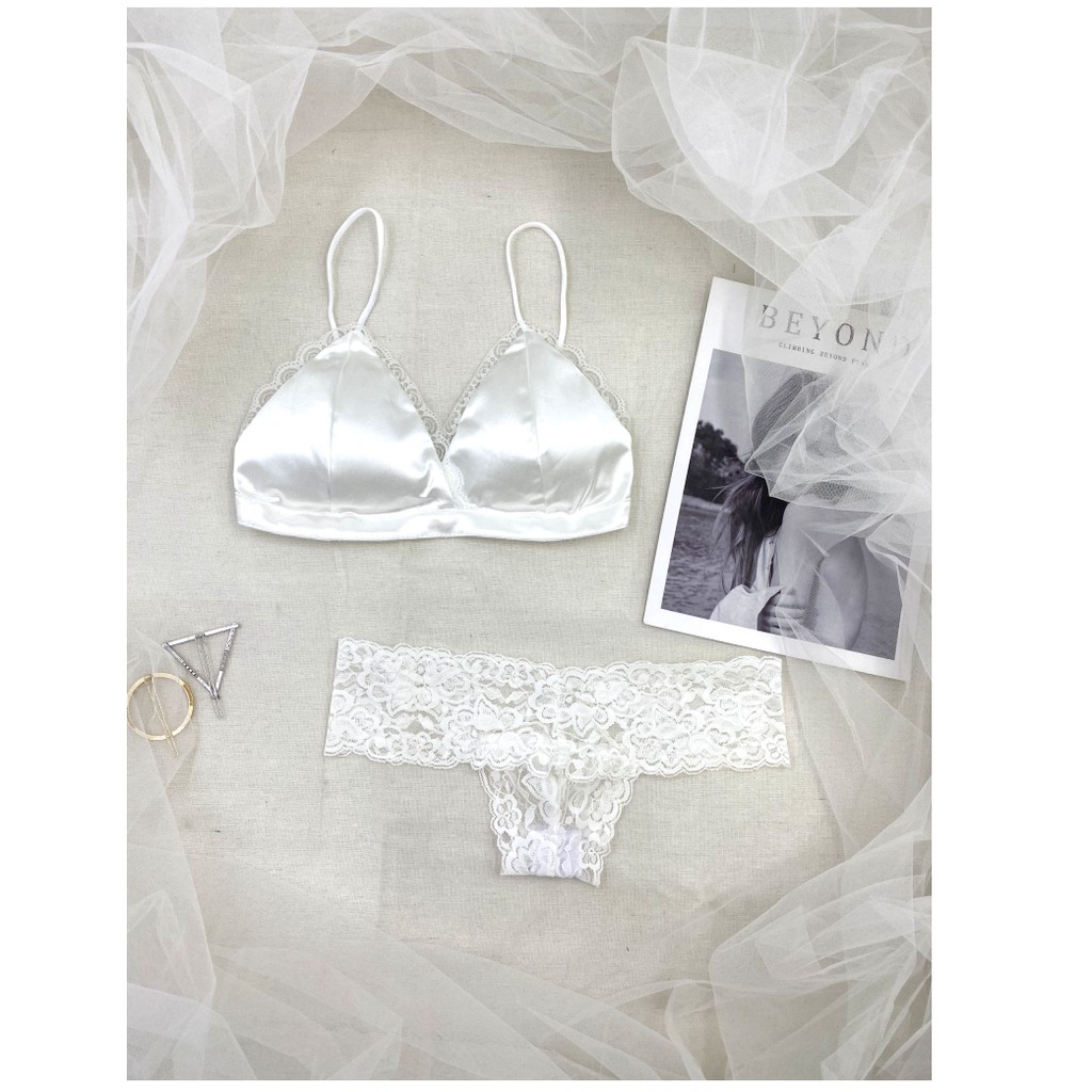 👙Bra không gọng👙 Bộ đồ lót nữ satin trắng có mút mỏng hàng thiết kế cao cấp