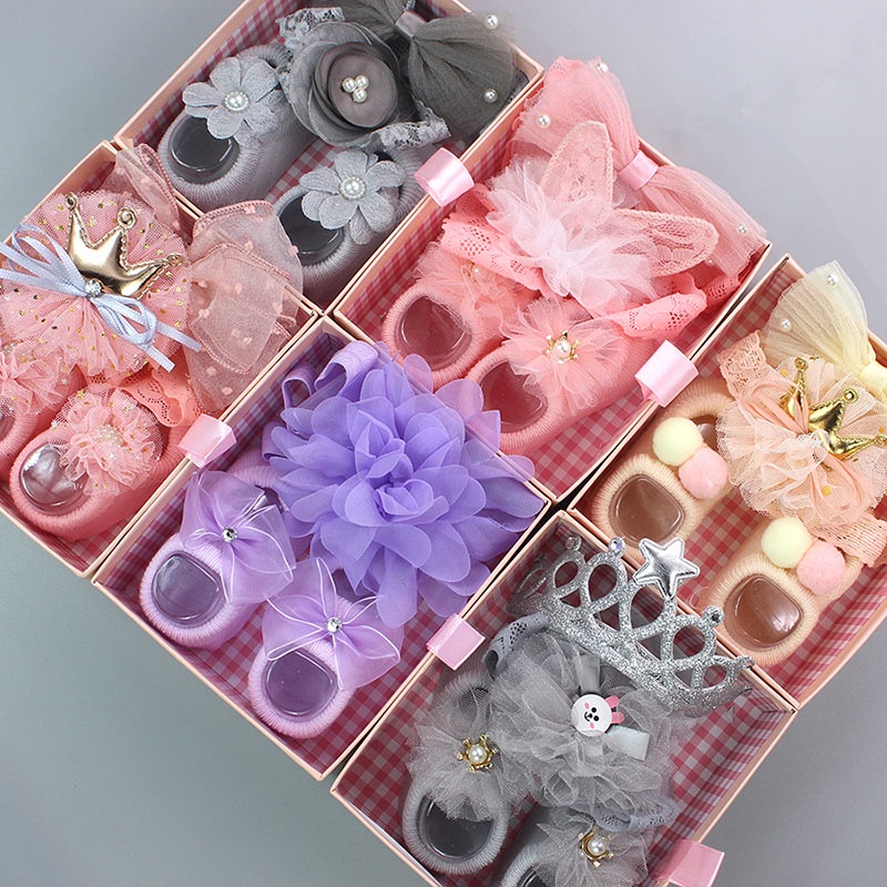 Set 3 Món Vớ Cotton Chống Trượt + Vớ Cotton Chống Trượt Đính Nơ Hoa + Băng Đô Cài Tóc Cho Bé Gái Sơ Sinh