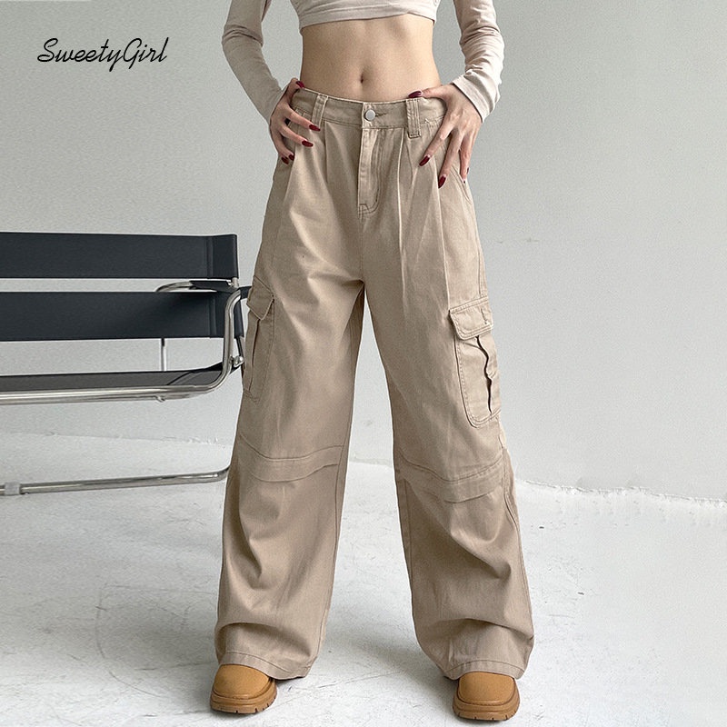 Quần Kaki Dài Lưng Cao Dáng Rộng Màu Trơn Phối Túi Thời Trang 2022 Cho Nữ