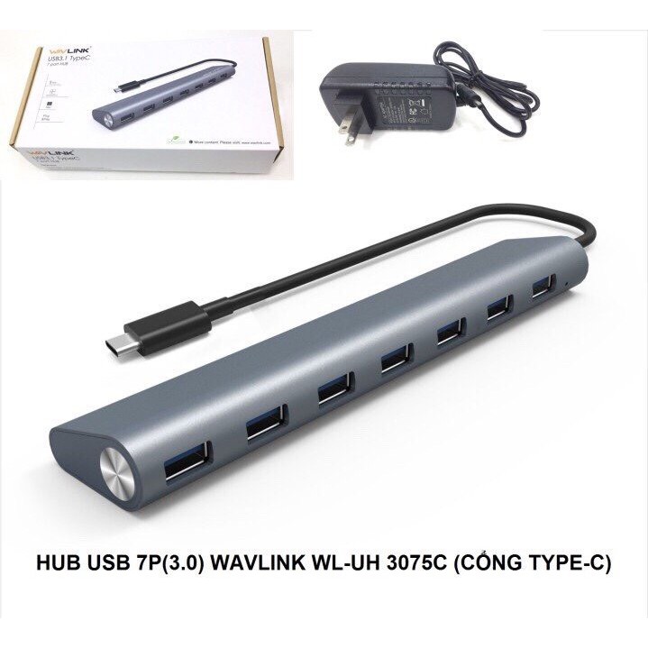 Hub Usb 7p 3.0 Wavlink WL UH 3075C cổng type C , Bộ chia từ cổng USB Type C sang 7 cổng USB 3.0 có nguồn adapter