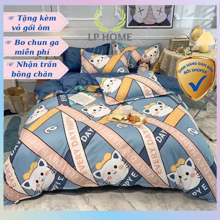 Bộ chăn ga gối Poly Cotton Mèo happy (Tặng vỏ gối ôm) - Miễn phí bo chun mọi kích thước