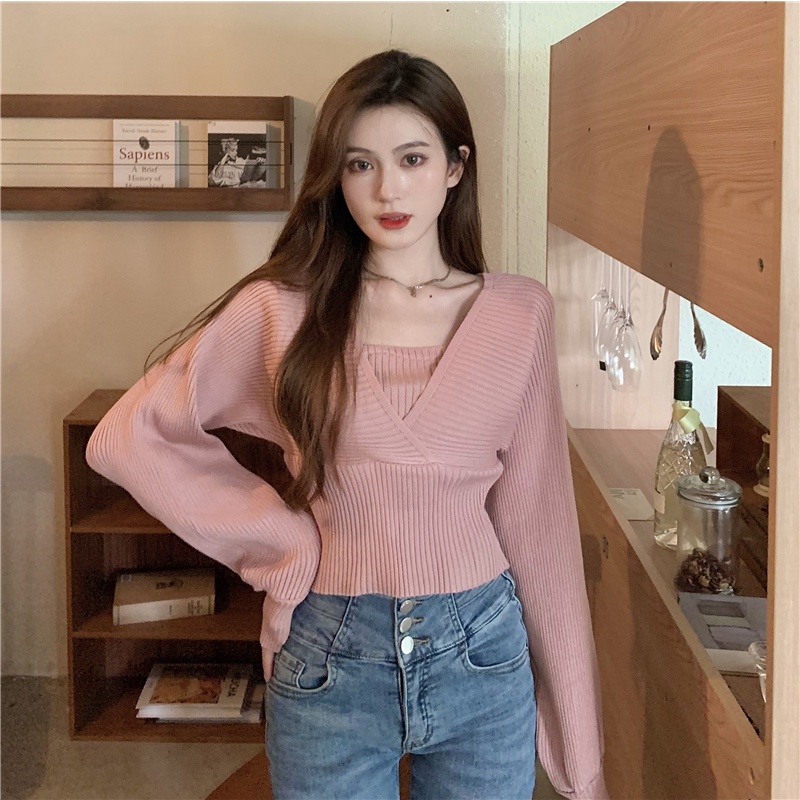 Áo Dệt Kim Tay Dài Trễ Vai Phong Cách Hàn Quốc Xinh Xắn