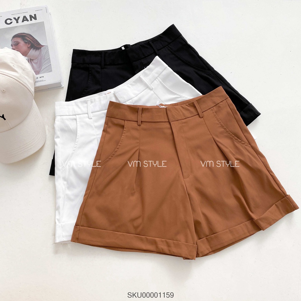 Quần short nữ VMSTYLE ống rộng lưng cao gập gấu chất kaki xăn lai chít giữa 588 SKU00001