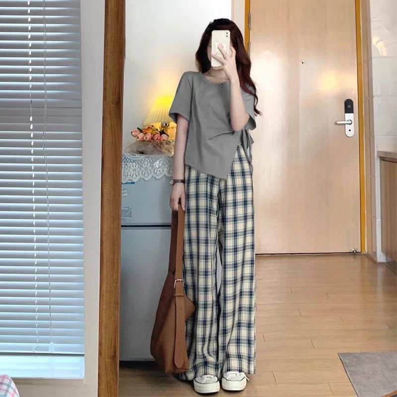 [Spot] Set Áo + Quần Ống Rộng Màu Trơn Cột Dây Thời Trang retro Phiên Bản Hàn Quốc