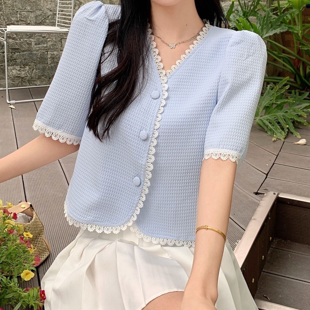 Áo Kiểu Cổ Chữ V Tay Ngắn Thời Trang Xuân Hè Phong Cách Pháp 2022 Mới Cho Nữ
