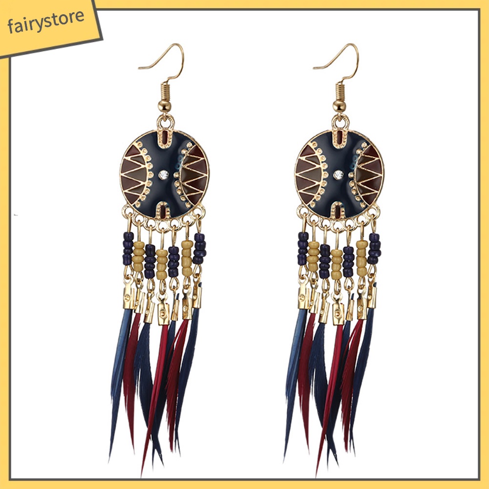 Bông tai hình dreamcatcher đính lông vũ phong cách cổ điển