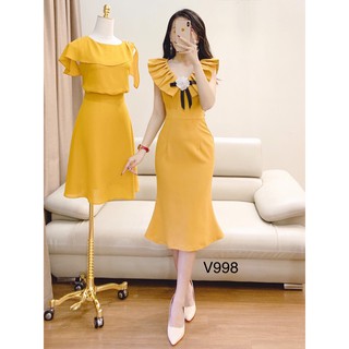 Đầm Body Cổ Xếp Ly Đính Hoa Chất Kate Lụa Free Size 2 Màu Vàng Hồng ☘️