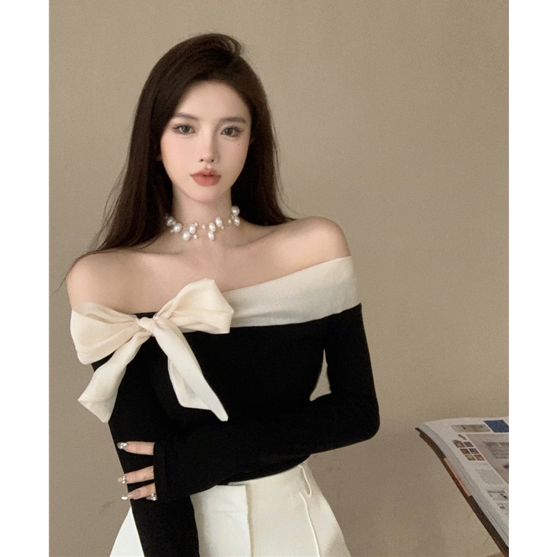 QKOOLE Áo Thun Nữ Trễ Vai Dáng Ôm Phong Cách Hàn Quốc