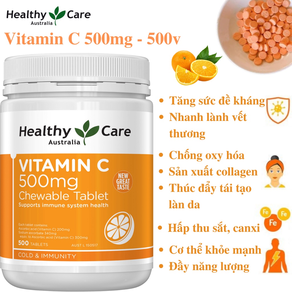 Viên nhai bổ sung Vitamin C 500mg Healthy Care Extaste Tăng Đề Kháng, Trắng Da Chống Lão Hóa