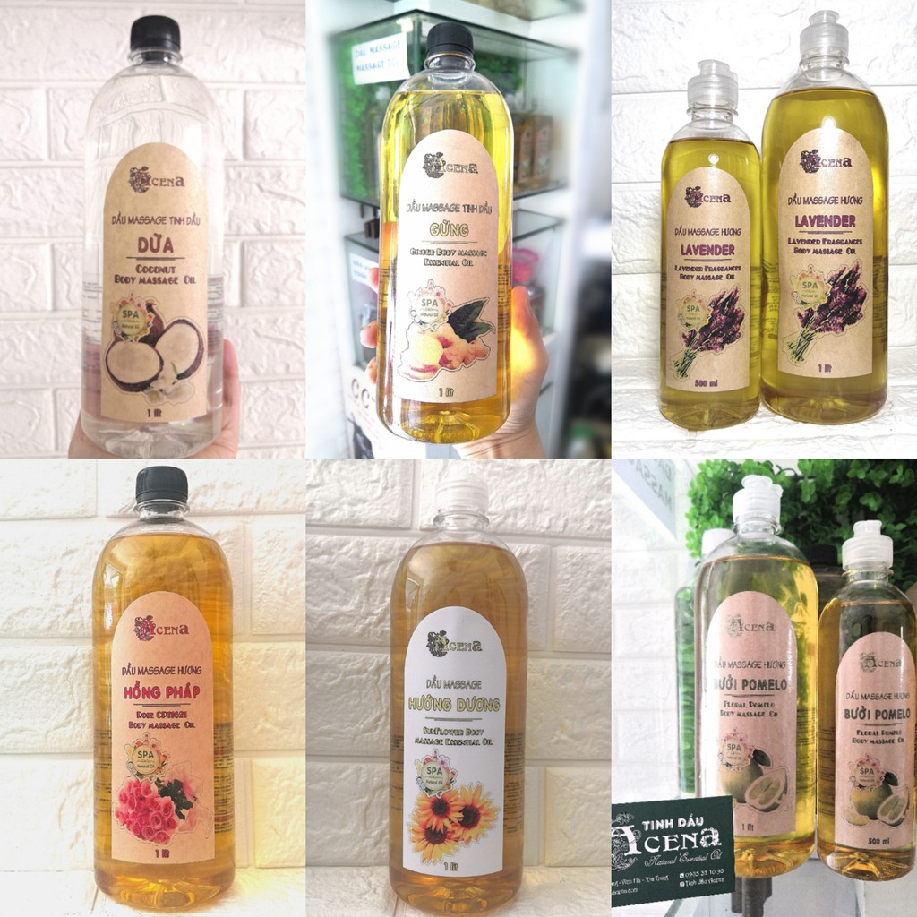 (1000ml) Dầu Massage Body Tinh Dầu ACENA Chuyên Dụng Spa Trơn Tay, Nhiều Mùi Thơm Sả, Bưởi, Lavender, Gừng, Lài, Sen