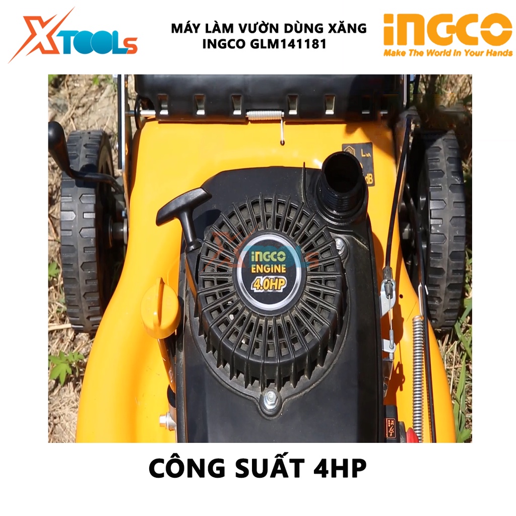Máy cắt cỏ đẩy dùng xăng INGCO GLM141181 | máy làm vườn 3.0Kw(4HP), Động cơ 4 thì, chiều rộng cắt 460mm (18''), cắt cỏ,