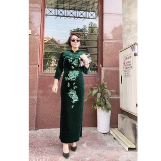 Sườn xám nhung dáng dài thêu hoa - sườn xám nhung trung niên dáng dài