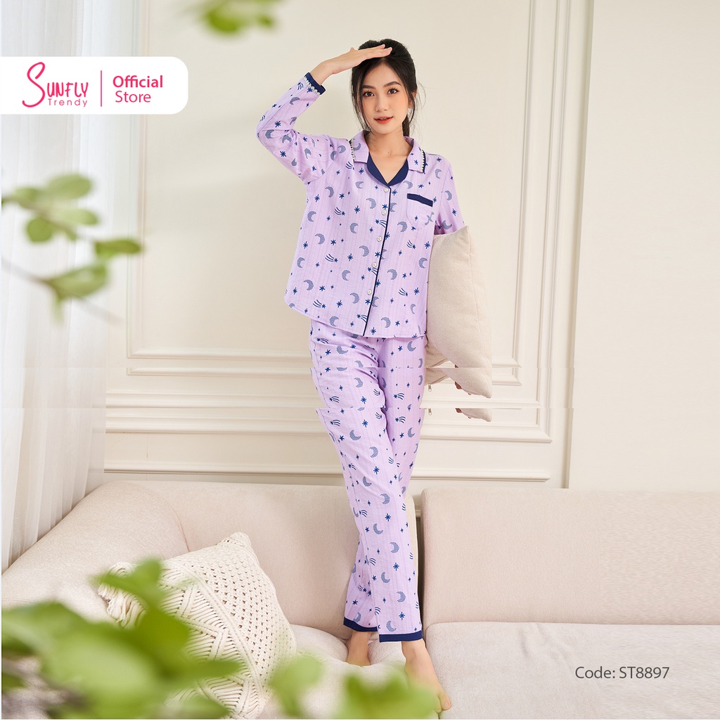 Bộ Đồ Mặc Nhà Nữ Pyjamas Linen SUNFLY Áo Tay Dài Quần Dài ST8897