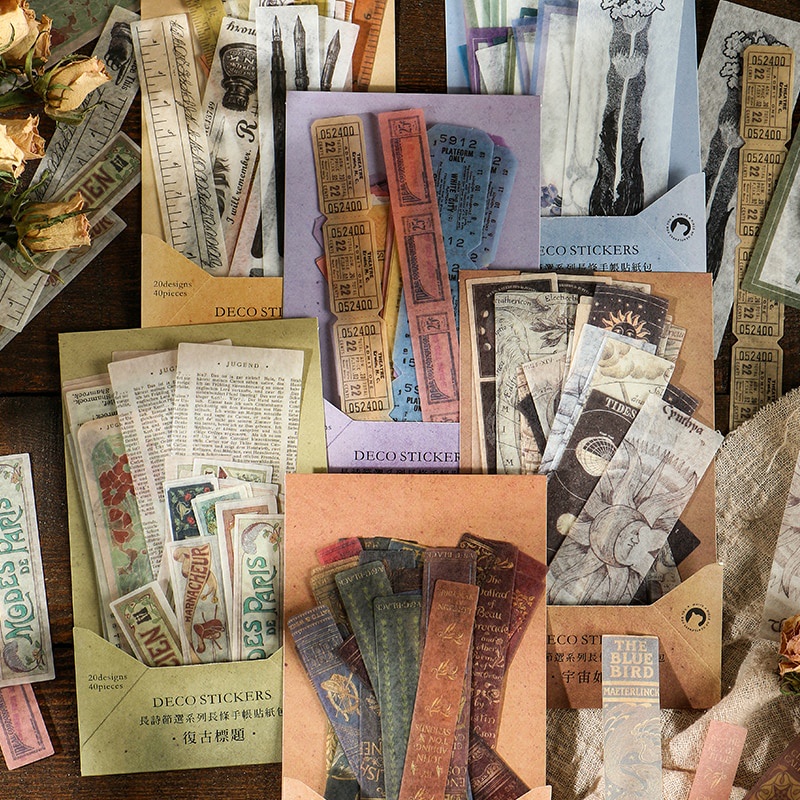 Bộ 40 miếng dán trang trí sổ tay phong cách vintage bằng giấy Washi