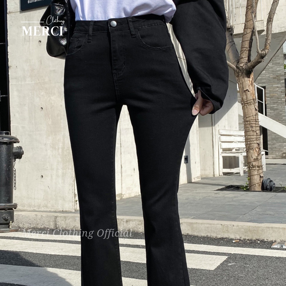 Quần Jean Ống Loe Dáng Dài Cạp Cao Phong Cách Ulzzang Hàn [Cao Cấp] Quần Bò Ống Loe Đen Trơn Co Giãn Thoải Mái Merci Q4V | BigBuy360 - bigbuy360.vn
