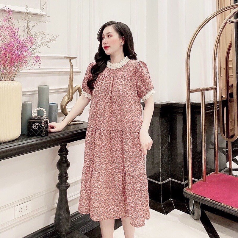 Váy bầu Chicmom hoa nhí cổ ren mùa hè ngắn tay thiết kế xinh xắn Vintage V102