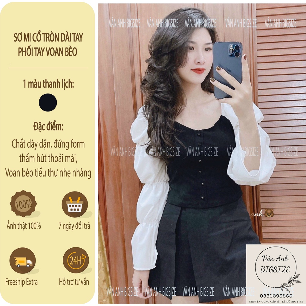 Áo Kiểu Nữ Cổ Tròn (Có Bigsize) Tay Phồng Dài Phối Voan Bèo Tiểu Thư Đi Chơi Đi Làm