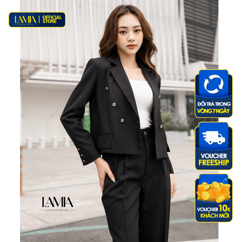 Set vest công sở nữ Lamia Design LUXE001 màu đen tuyền dáng ngắn crop top sang trọng hiện đại