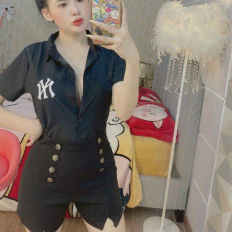 Áo sơ mi tay ngắn in hình logo trước sau NY hình thật