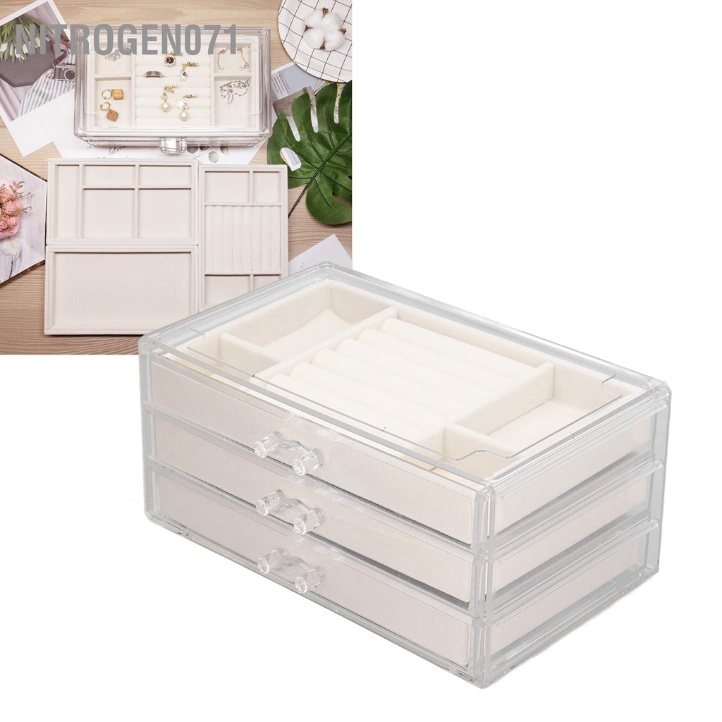 Nitrogen071 HỘP ĐỰNG TRANG SỨC 3 NGĂN KÉO KHUNG MICA MIX KHAY ĐỰNG ĐỒ TRANG SỨC MỚI 2022 - Acrylic màu be Ngăn kéo để bàn Hộp đựng cho Earrings vòng cổ