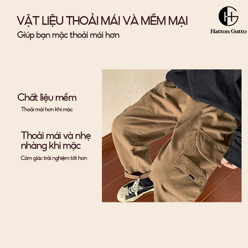 Quần túi hộp HATTON GUTTO bằng cotton dáng rộng nhiều túi màu trơn thời trang mùa hè size lớn cho nam