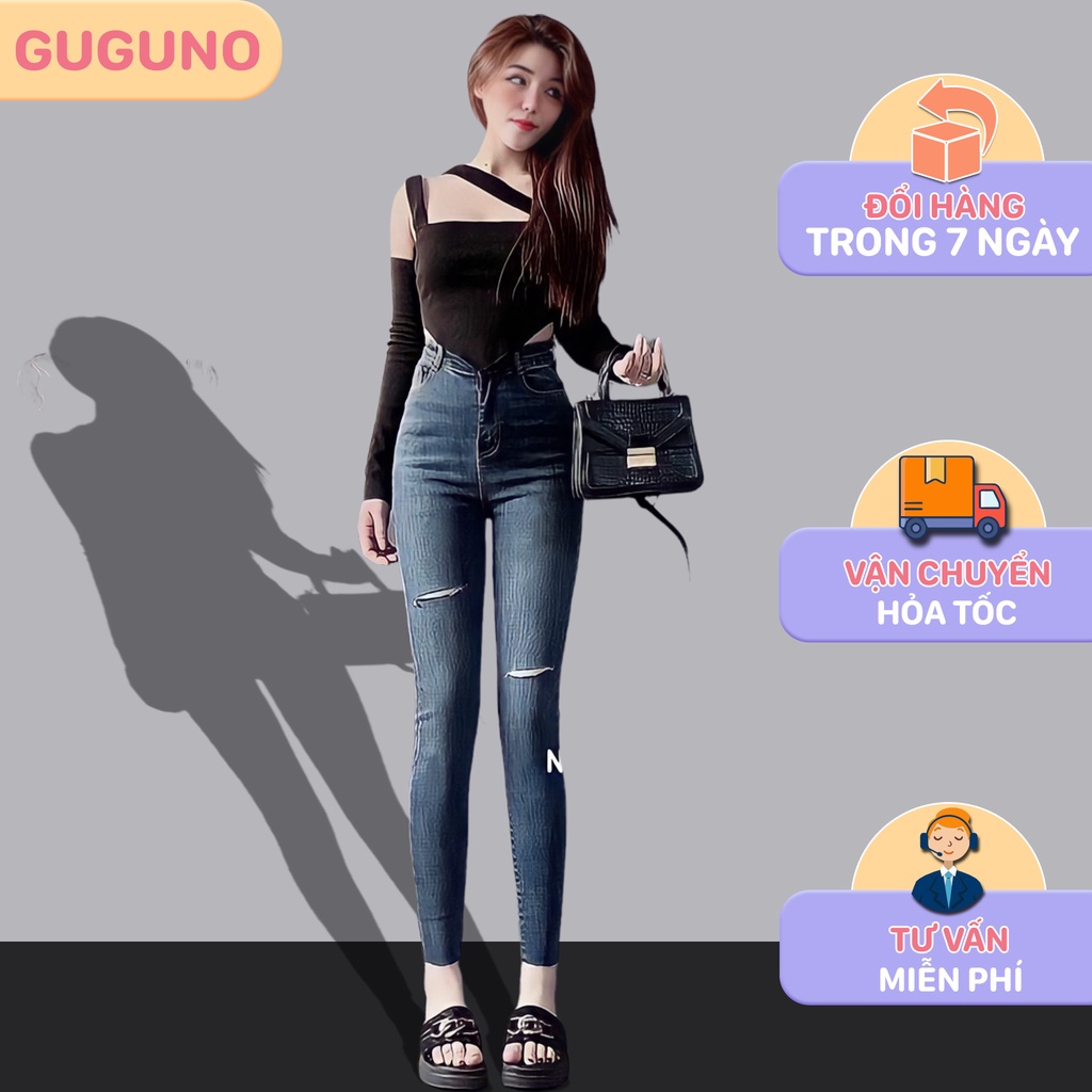 Quần jean skinny nữ dáng ôm lưng siêu cao trơn basic GUGUNO ulzzang