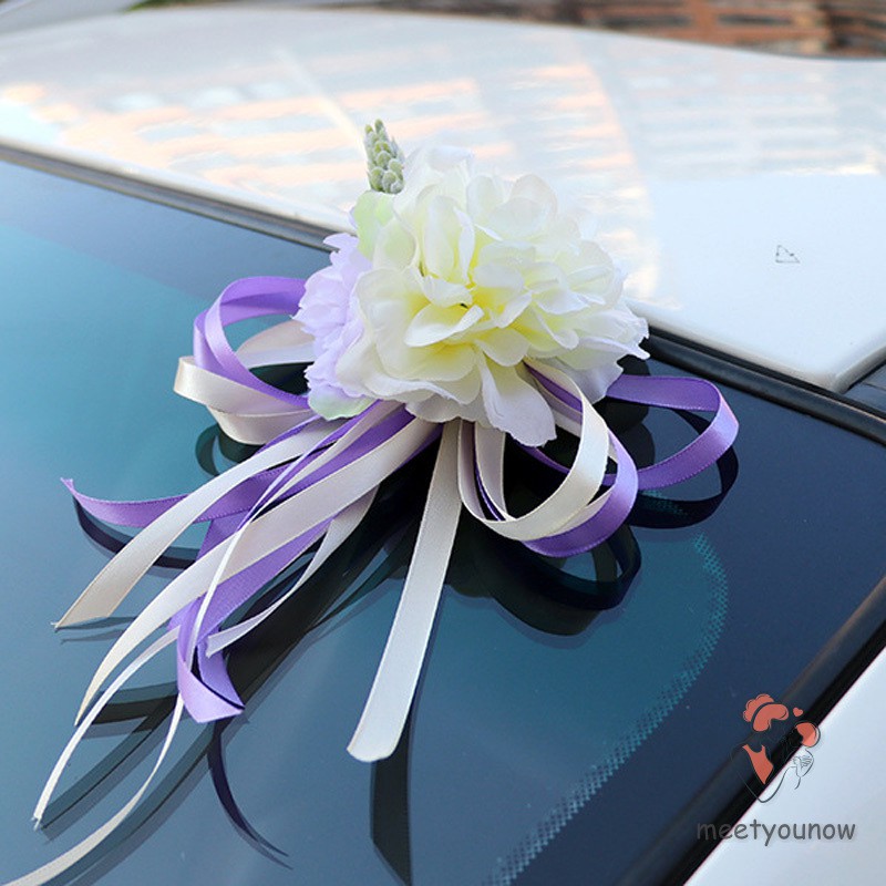 Hoa trang trí phối ruy băng lụa gắn kính xe hơi tiện dụng cho đám cưới