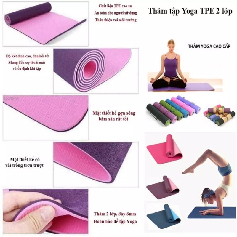 THẢM TẬP YOGA TPE 2 LỚP DÀY 6MM CAO CẤP - Thảm tập gym, thể dục tại nhà chống trượt