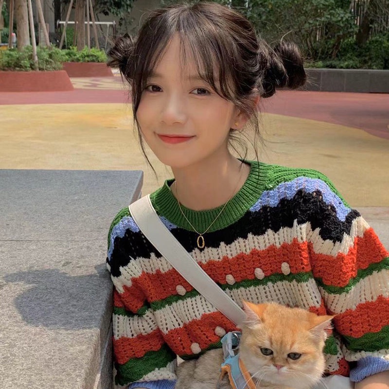 Áo thun dệt kim tay ngắn họa tiết kẻ sọc màu sắc thời trang mùa hè phong cách Hồng Kông mới cho nữ