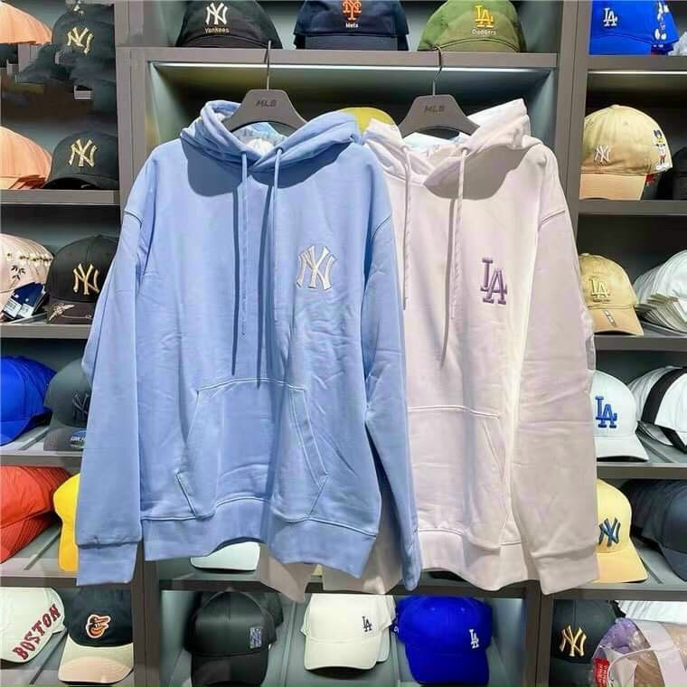 Áo nỉ MLB unisex dài tay nữ cao cấp in cao su nổi,form rộng,áo phông nỉ sweater có mũ màu trắng,xanh | BigBuy360 - bigbuy360.vn