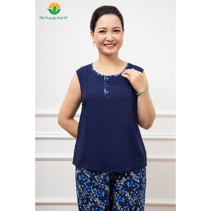 Bộ lanh Việt Thắng quần lửng áo sát nách trung niên phối áo trơn quần họa tiết B05.2208