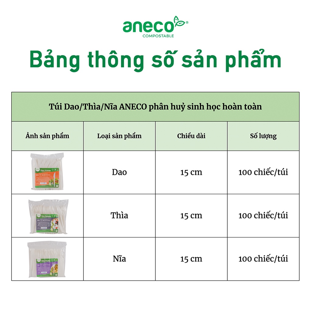 Túi Dao Thìa Nĩa ANECO phân huỷ sinh học hoàn toàn - Không nhựa 100% - Bảo vệ môi trường (100 chiếc)