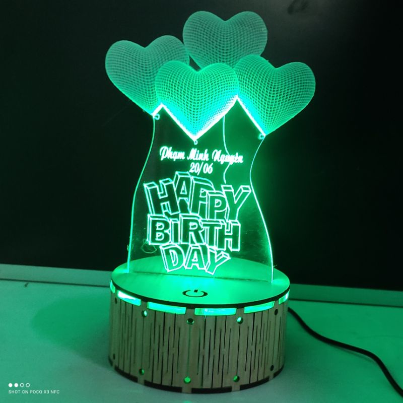 Đèn Ngủ Đế Gỗ Led 3D - Love Happy Birthday