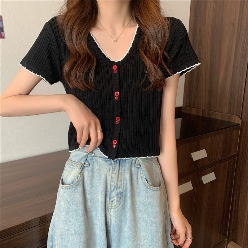 Áo Dệt Kim Tay Ngắn Cổ Chữ v Chất Liệu Lụa Mát Cao Cấp Thời Trang