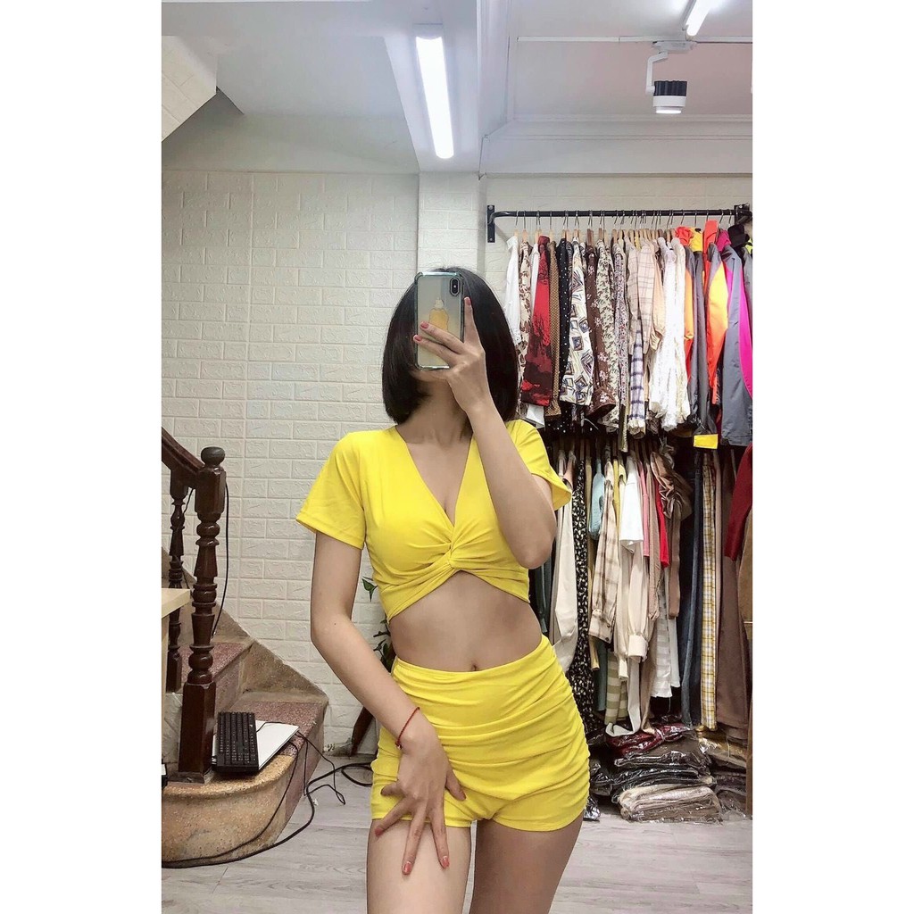 Bikini 2 mảnh, Đồ bơi tắm biển áo cọc tay ngắn xoắn ngực mix quần short lưng cao che bụng kín đáo