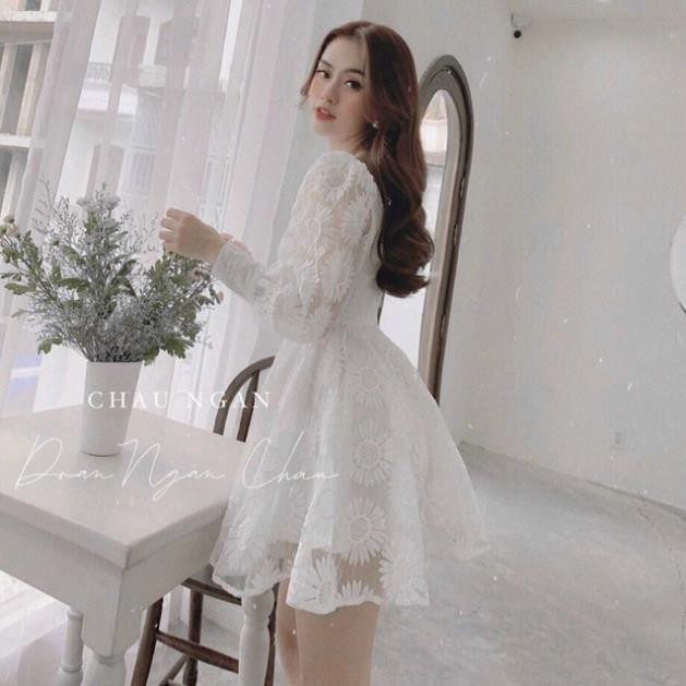 đầm dự tiệc ren hoa nổi tay dài siêu hot * ྇ ྇