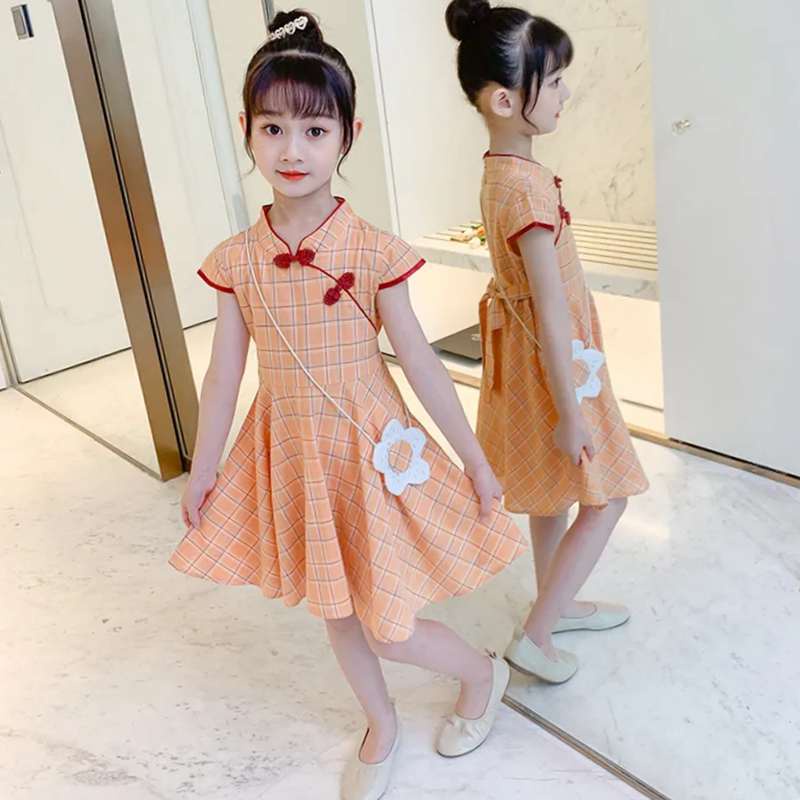 Váy sườn xám cô gái 2021 váy mới mùa hè phong cách nước ngoài trẻ em lớn kẻ sọc cô gái nhỏ váy công chúa hanfu