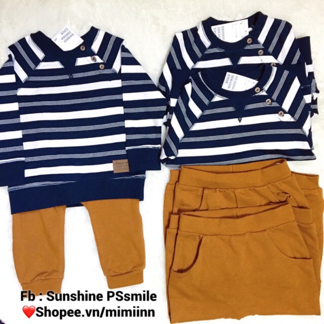 [Sale] Bộ nỉ kẻ xanh navy phối nâu HM auth